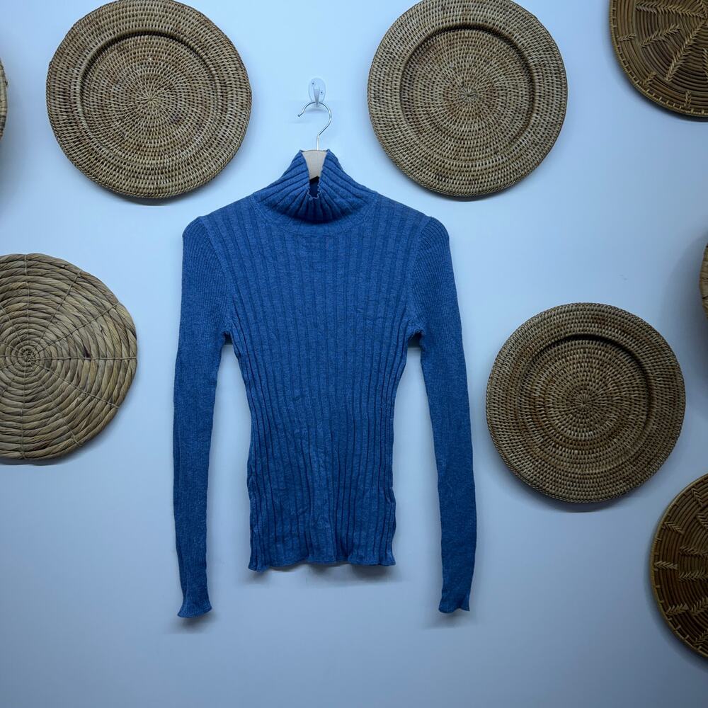 White House Black Market Blue Ribbed Turtleneck Sweater Small
